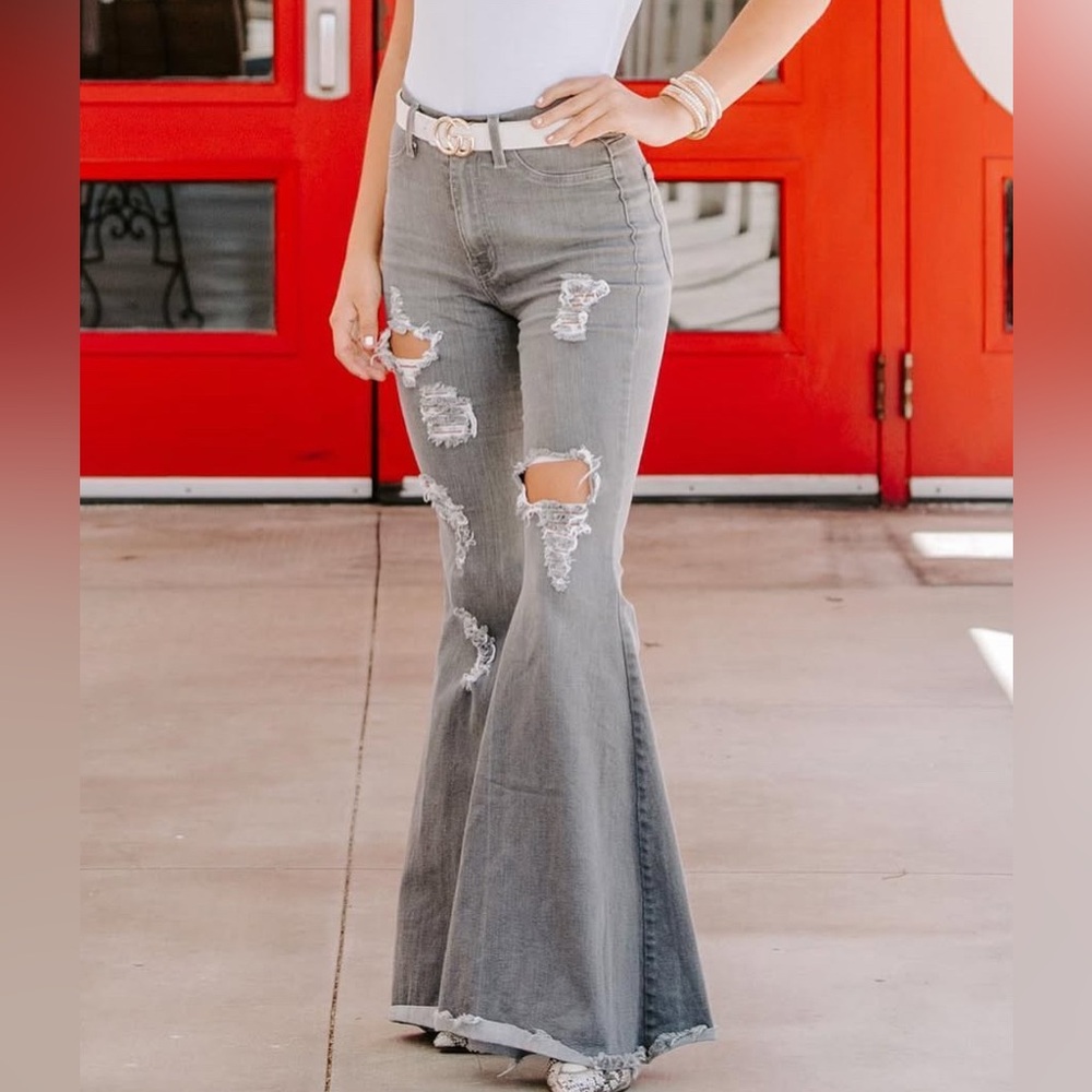 Vibrant Light Black Distressed Bell Bottom Jeans